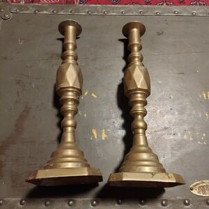 Vintage Solid Brass Candlestick Holders Set of 2 Octagonal Base 11 Inch Tall